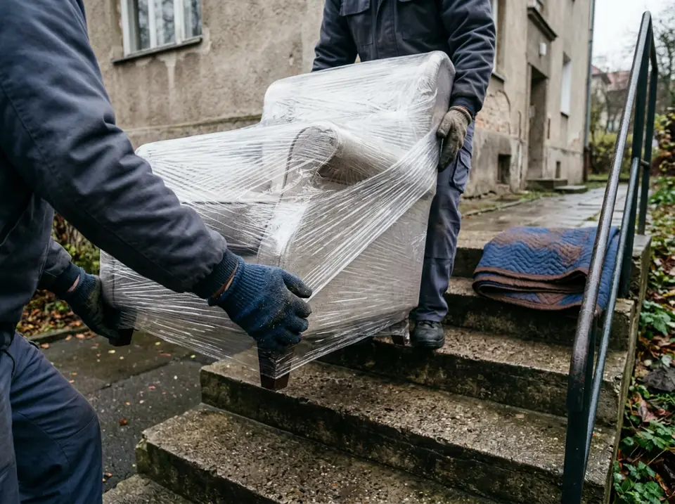 Kesztyűs kezek egy fóliázott fotelt emelnek fel néhány betonlépcsőn a ház bejárata felé
